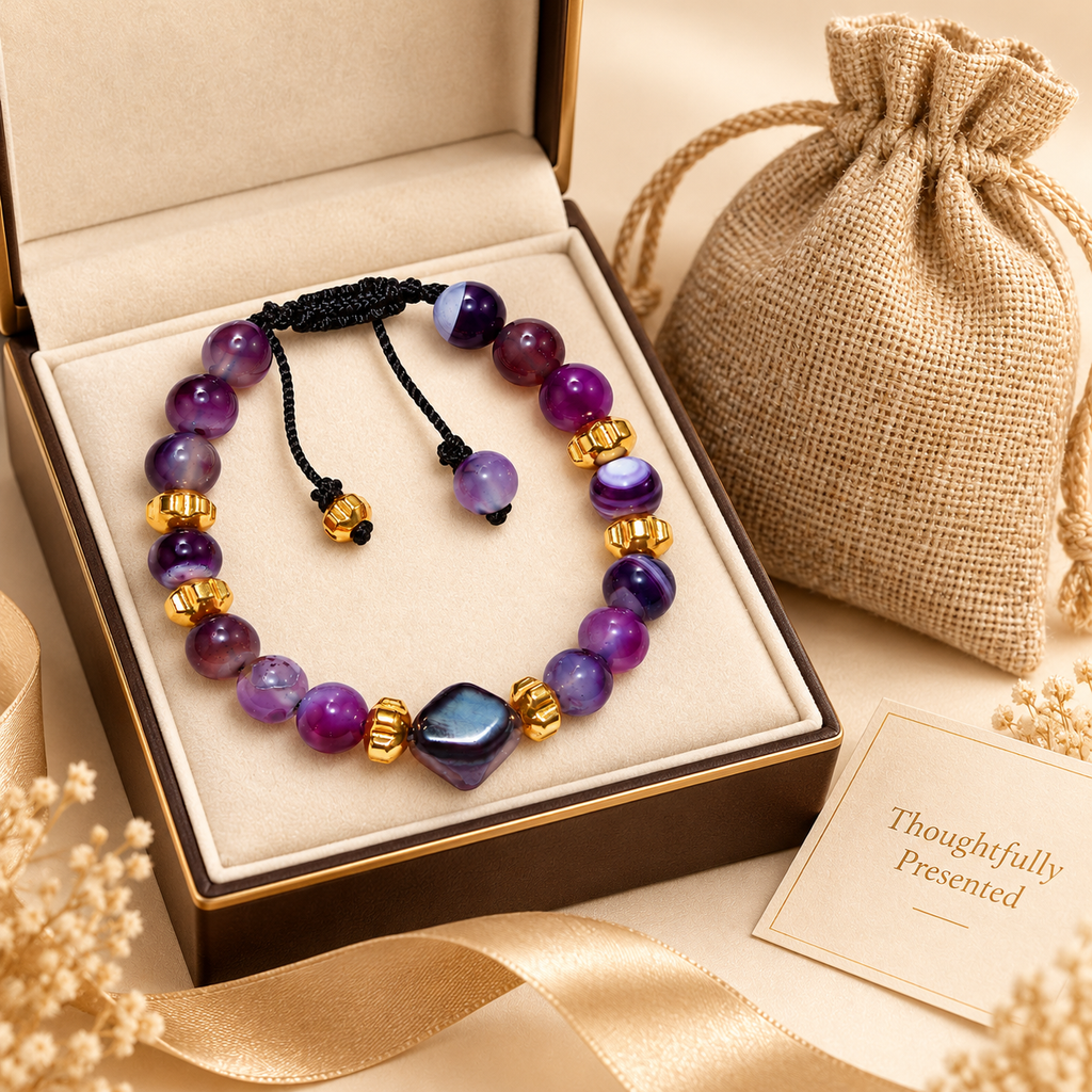 7agat Purple Agate bracelet with Hexagonal Agate and Gold Hematite presented with jewelry box and burlap pouch.