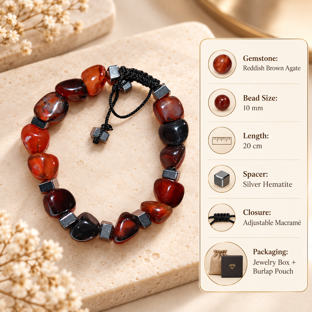 7agat Reddish Brown Agate 10mm bracelet showing Silver Hematite and adjustable macrame details.