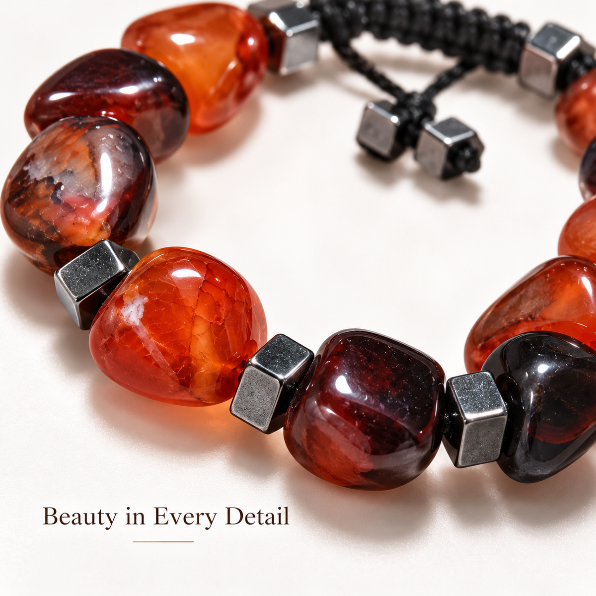 7agat close-up of irregular reddish brown Agate stones with square Silver Hematite spacers.