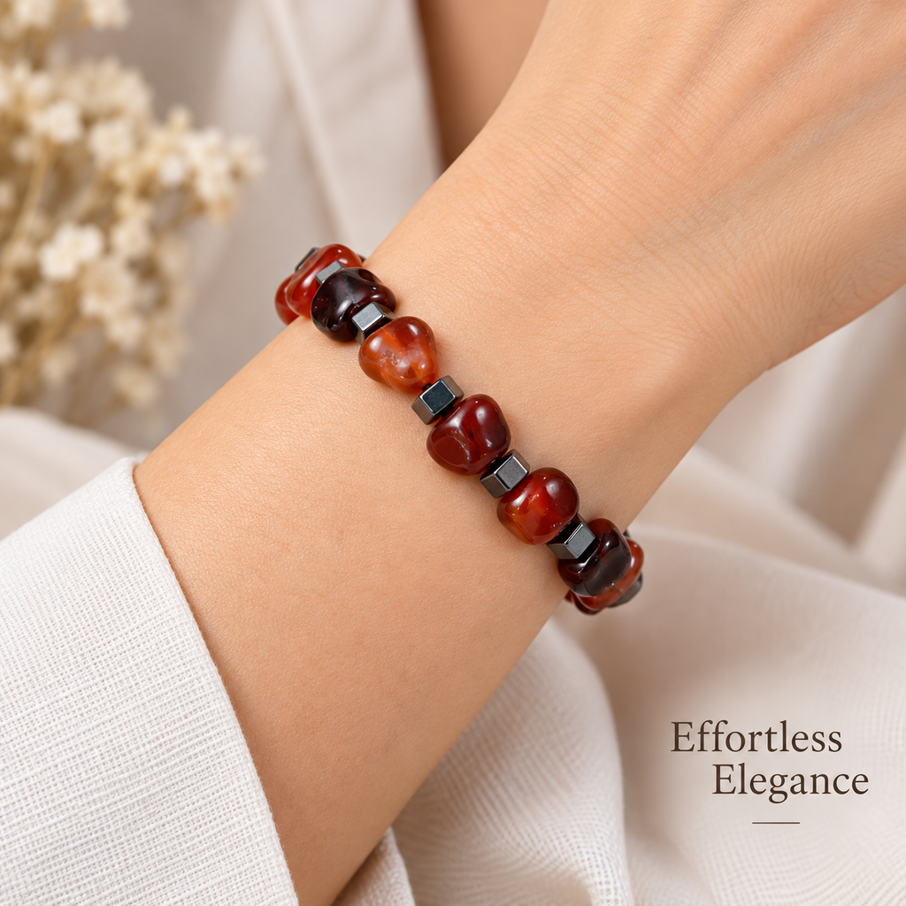 7agat Reddish Brown Agate and Silver Hematite bracelet worn on a woman's wrist.
