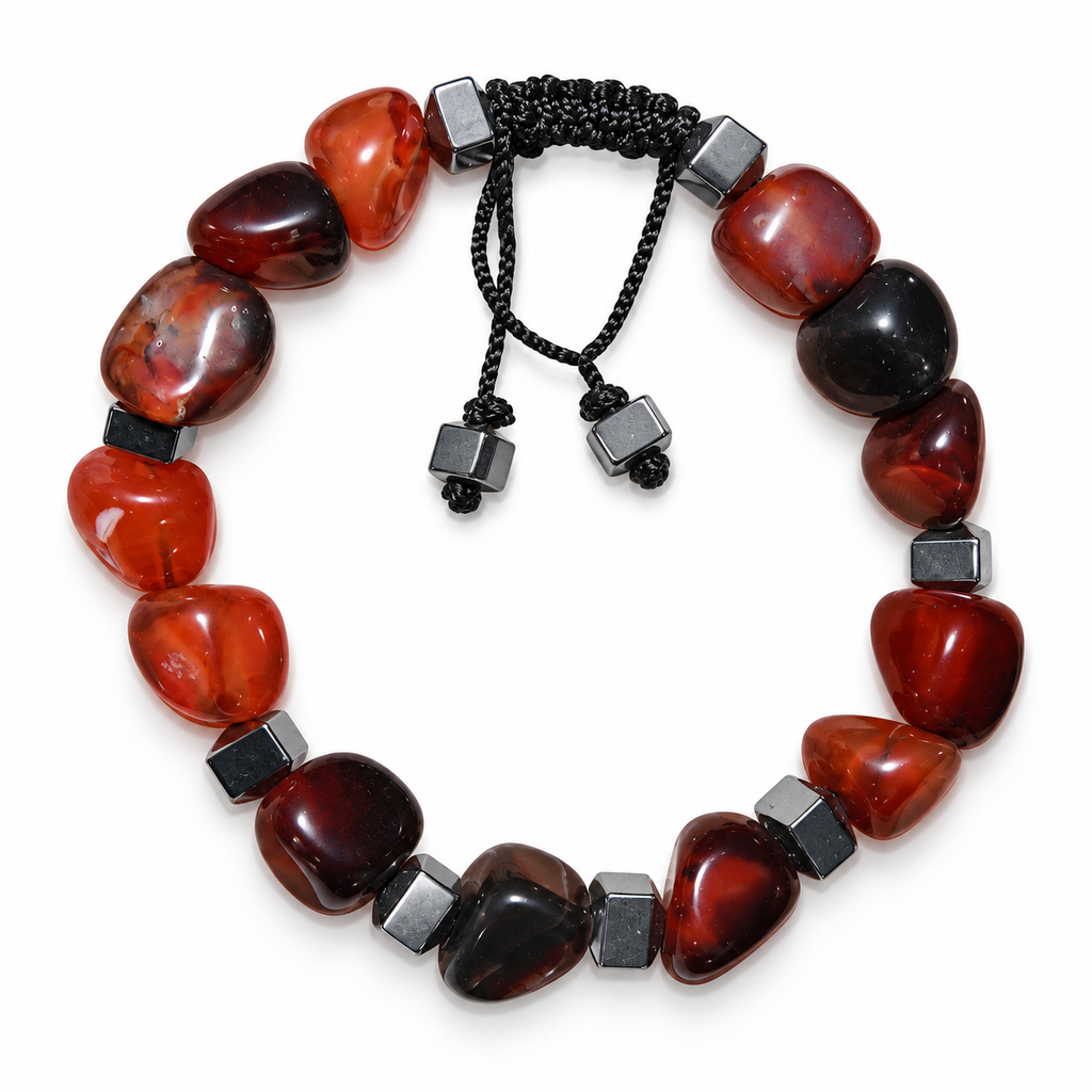 7agat Reddish Brown Agate 10mm irregular bracelet with Silver Hematite spacers.