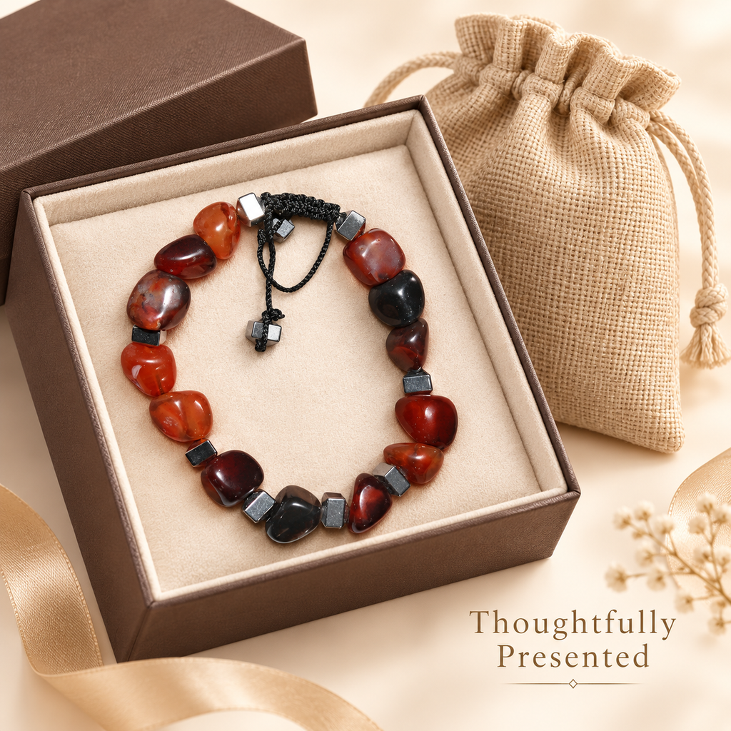 7agat Reddish Brown Agate bracelet with Silver Hematite presented with jewelry box and burlap pouch.