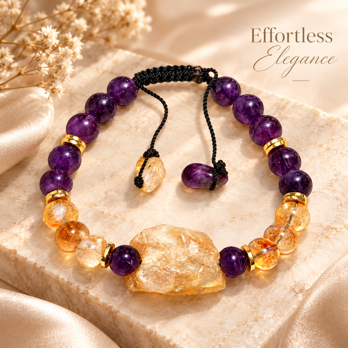 7agat purple amethyst and yellow citrine bracelet styled on a champagne-toned stone surface.