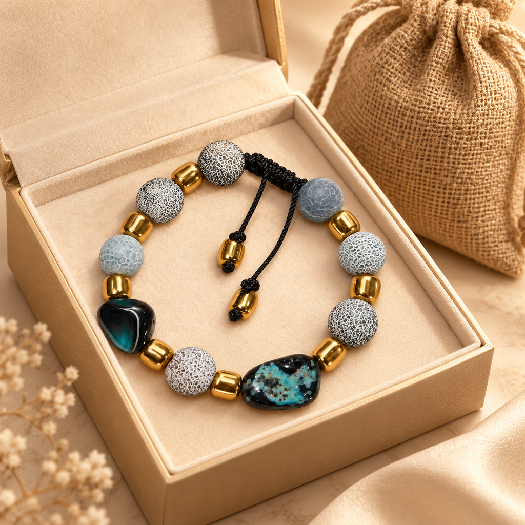 7agat Rock Agate and Crazy Cola bracelet with Gold Hematite presented beside jewelry box and burlap pouch.
