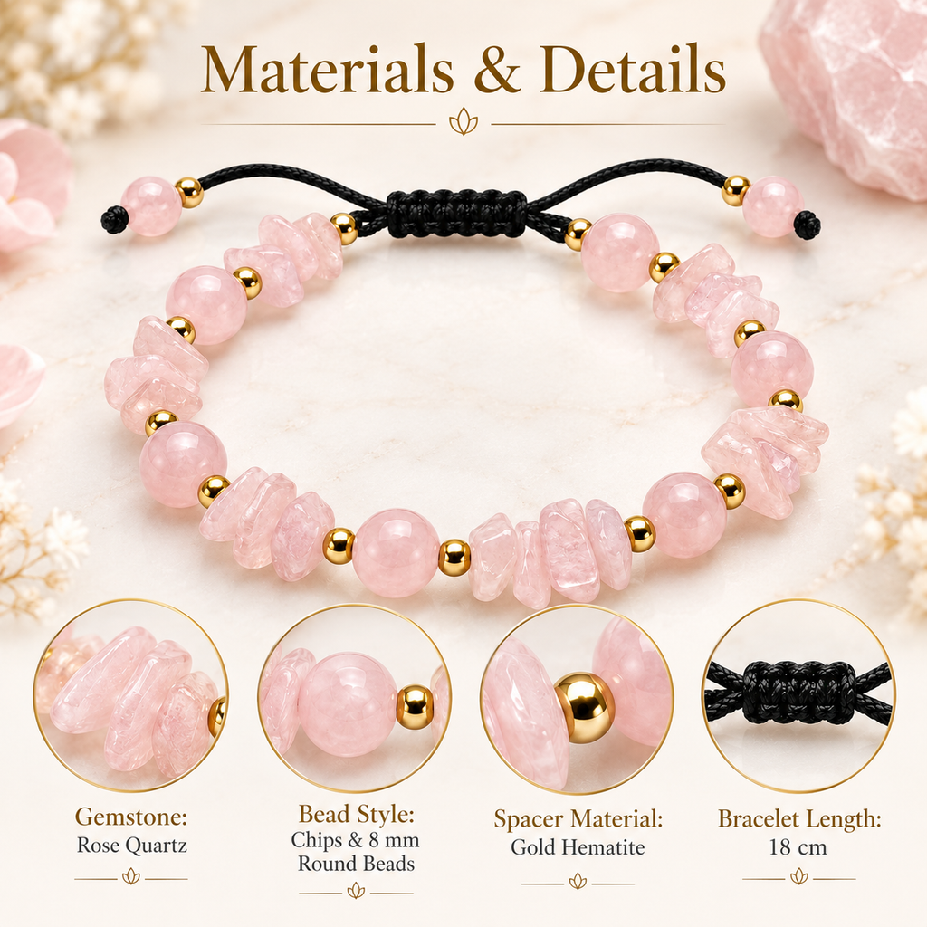 Rose Quartz 8mm Beaded Bracelet with Irregular Chips & Gold Hematite ...