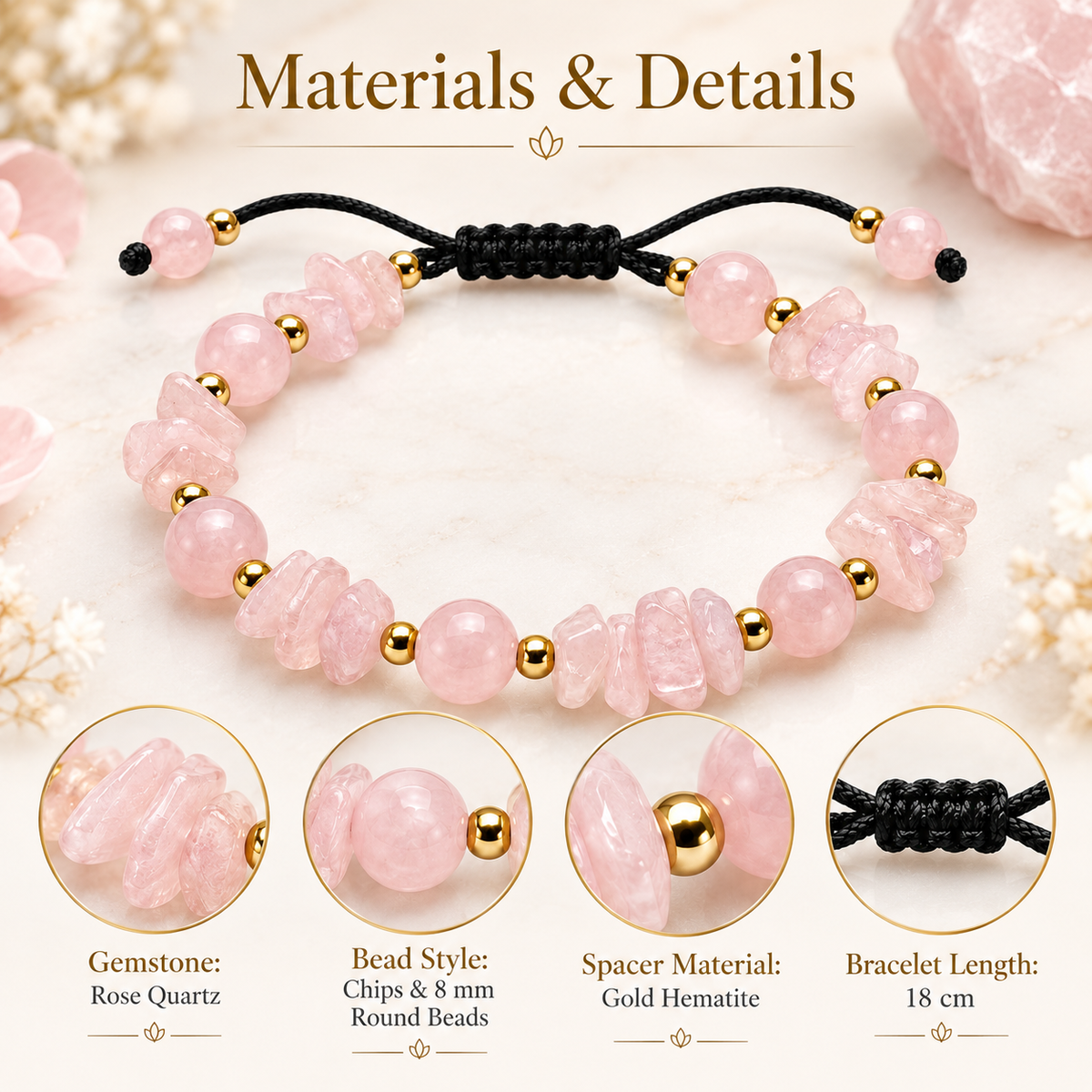 7agat Rose Quartz 8mm round beads and gold Hematite bracelet showing gemstone specifications.
