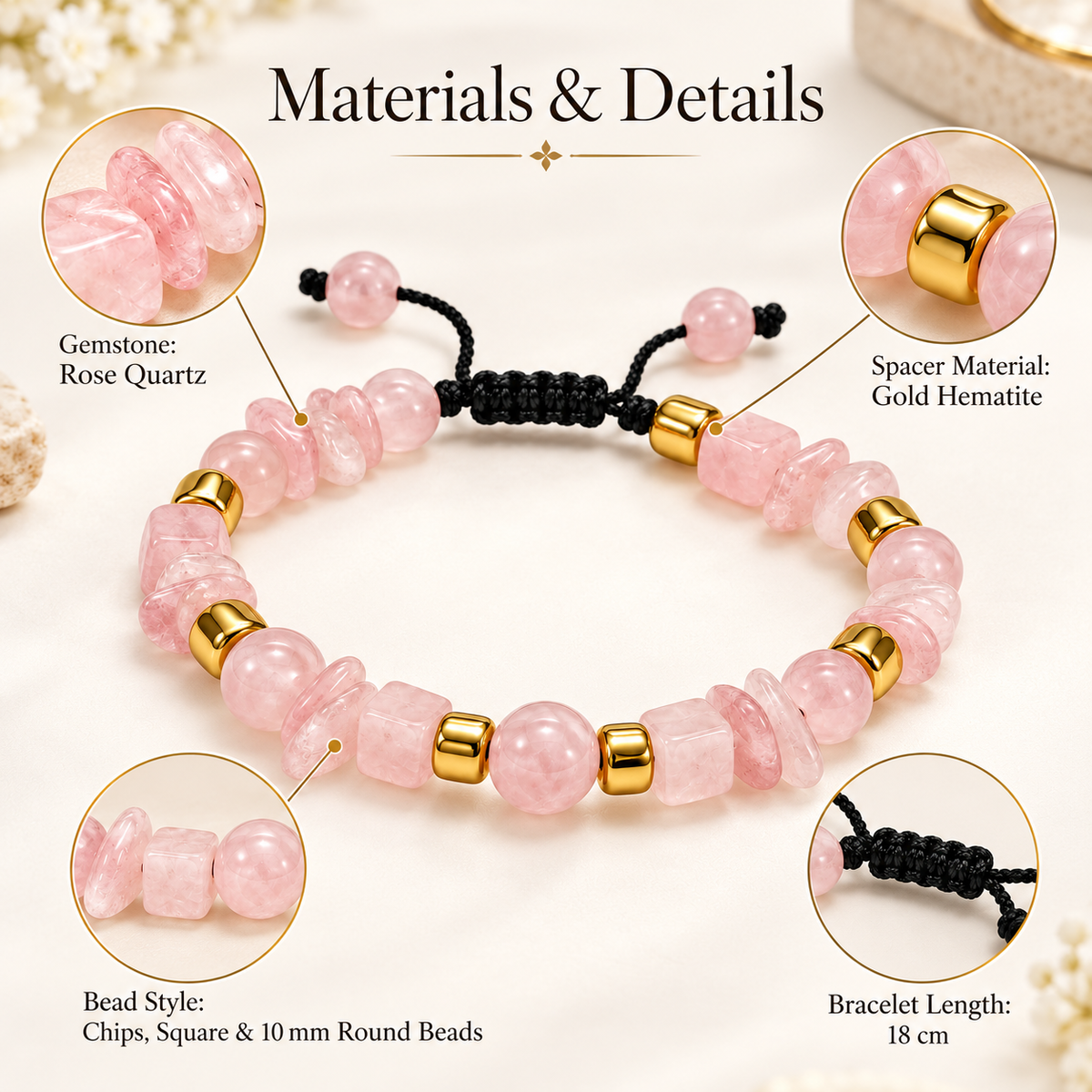7agat Rose Quartz mixed bead bracelet showing 10mm round beads, irregular chips and gold Hematite details.
