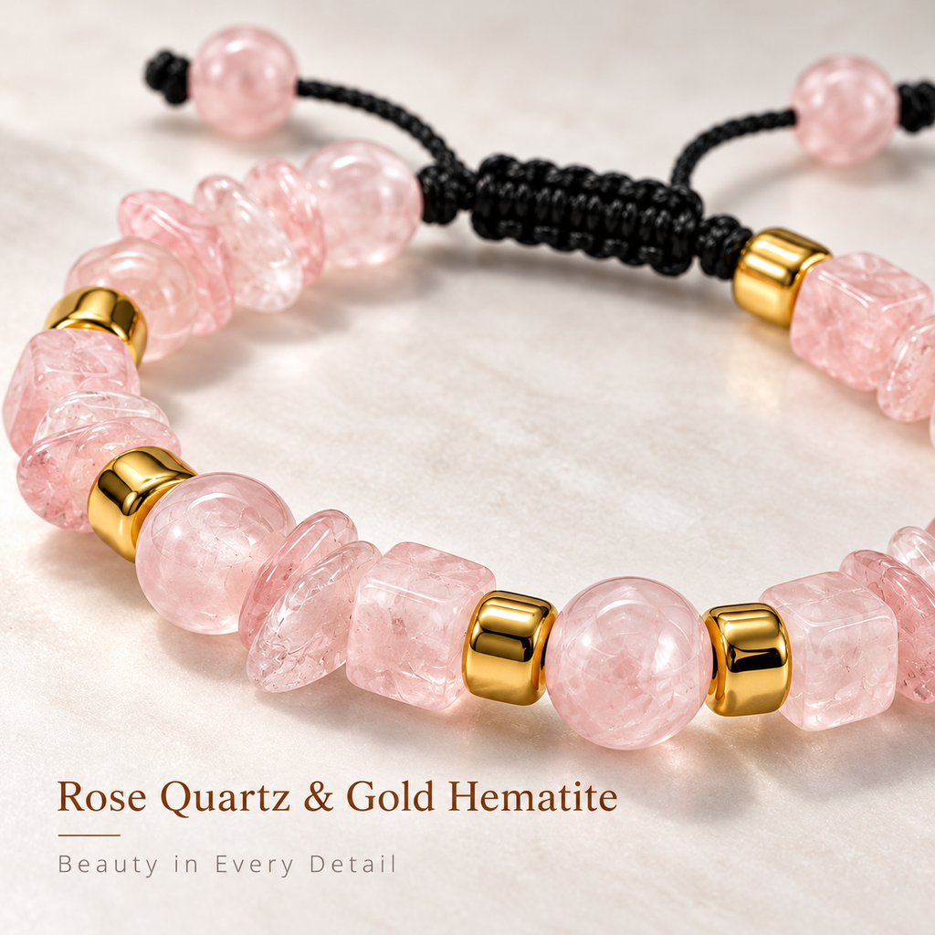 Rose Quartz Mixed Bead Bracelet with Gold Hematite Spacers – 10mm Round ...