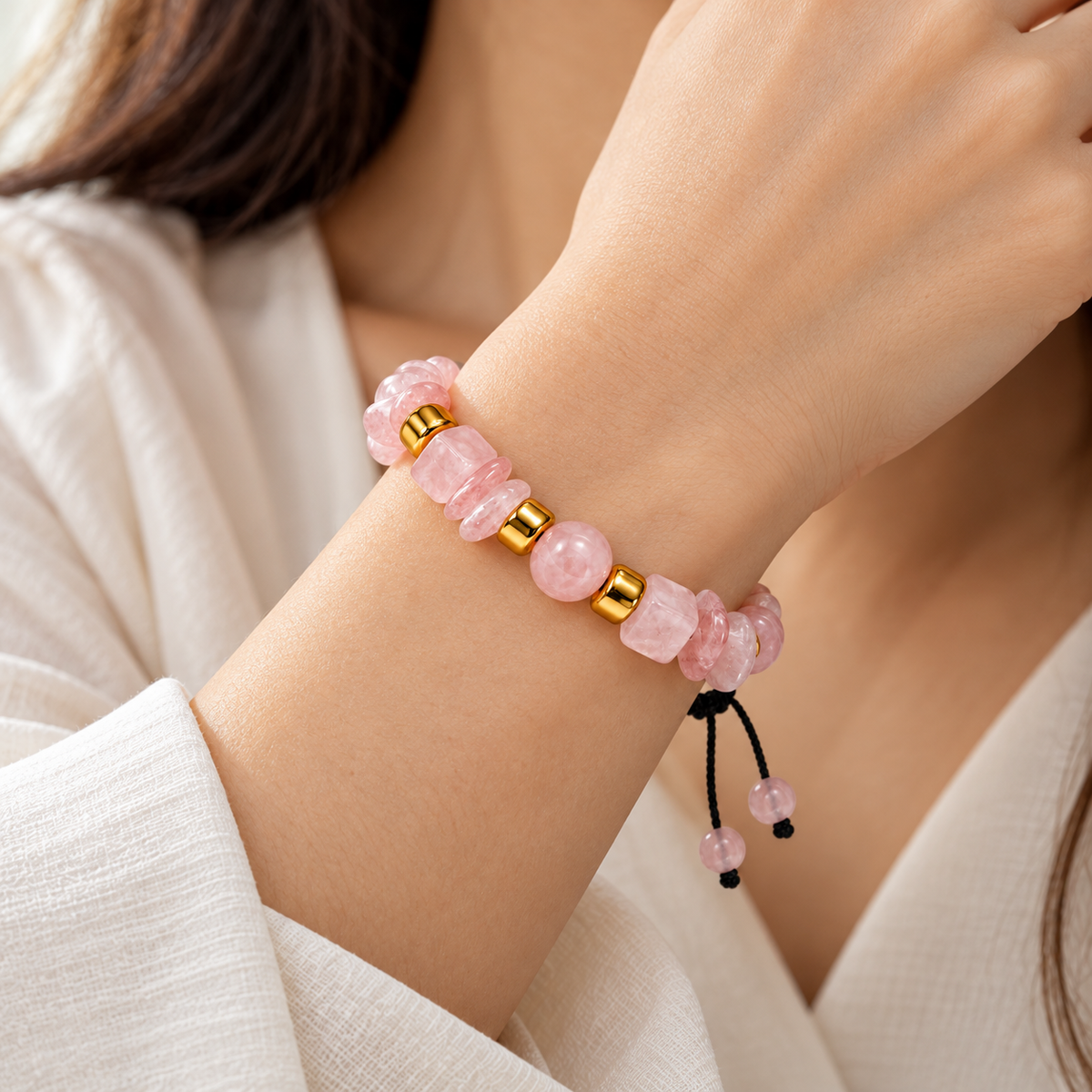 7agat pink Rose Quartz and gold Hematite gemstone bracelet styled on a woman's wrist.