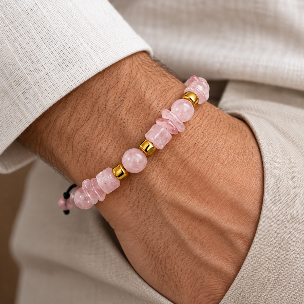7agat Rose Quartz mixed bead bracelet with gold Hematite spacers worn on a man's wrist.