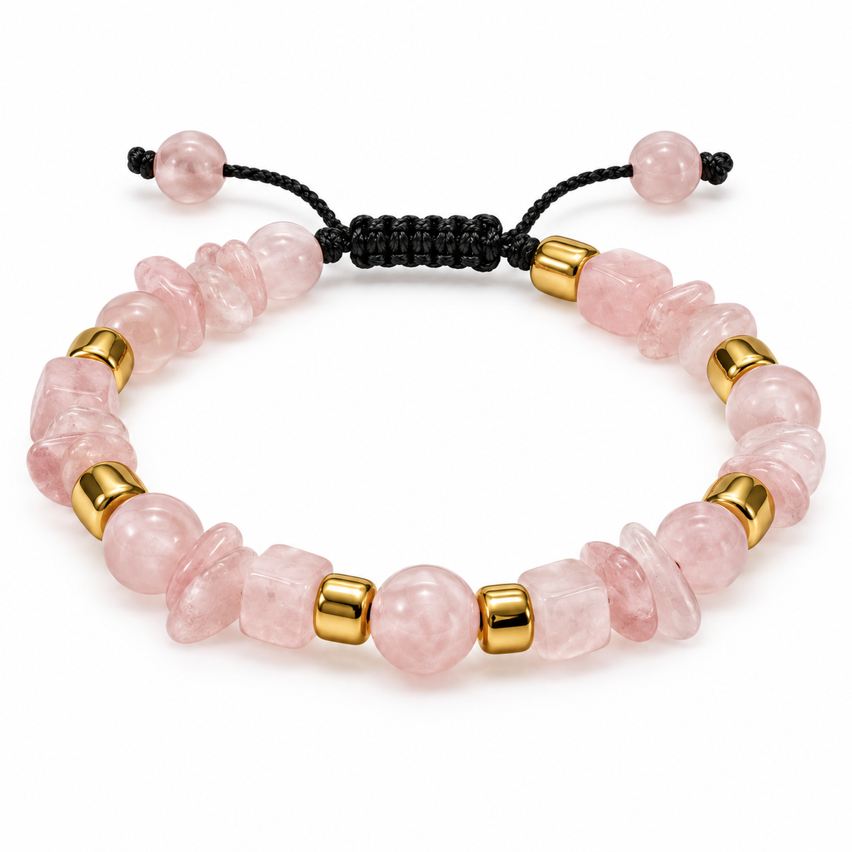7agat Rose Quartz bracelet with mixed pink gemstone beads and gold Hematite spacers.