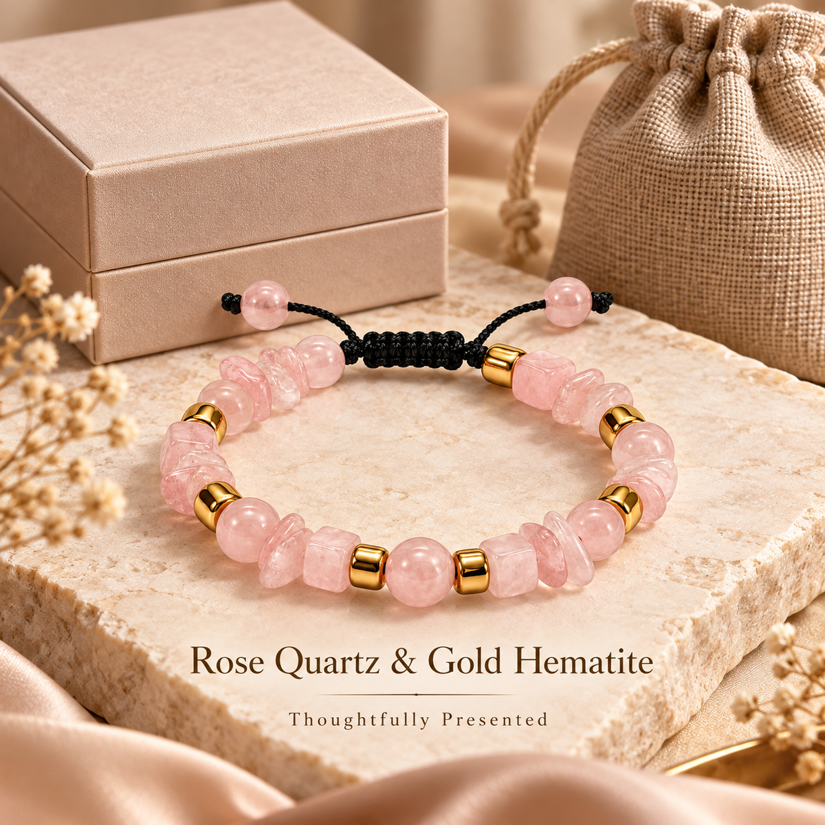 7agat Rose Quartz bracelet with gold Hematite spacers presented with jewelry box and burlap pouch.