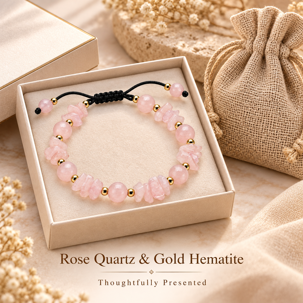 Rose Quartz 8mm Beaded Bracelet with Irregular Chips & Gold Hematite ...