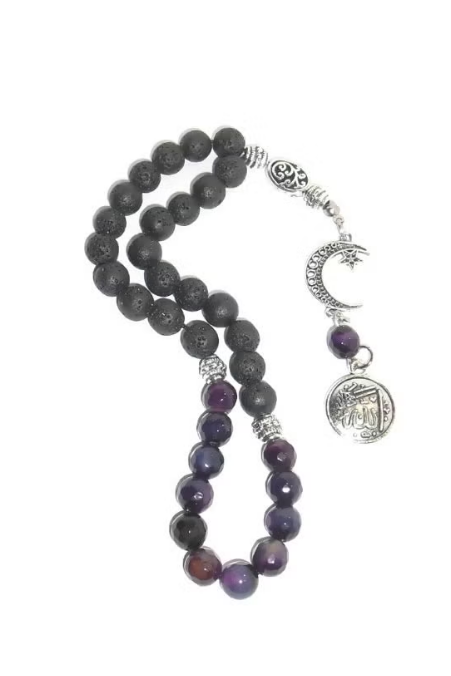 Black lava and agate bead rosary with 33 beads on beading cord, presented in a jute gift bag by 7AGAT.