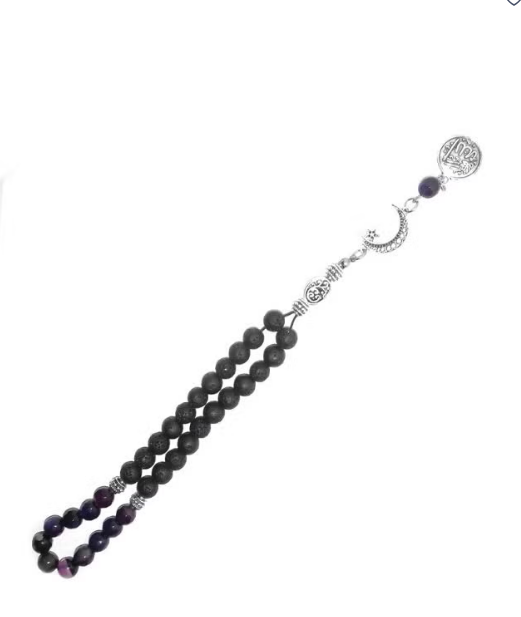 7AGAT 33 bead rosary with black lava and agate beads, 8mm prayer beads on beading cord, with jute gift bag.