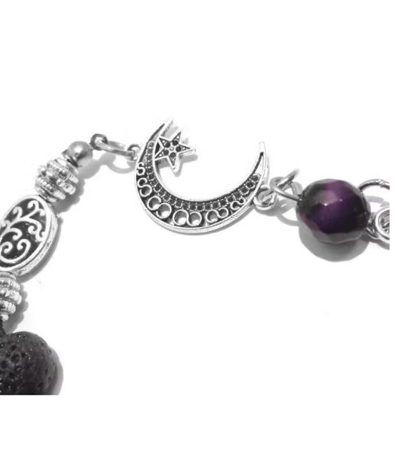 7AGAT black lava and agate bead rosary with 8mm beads, displayed with jute gift bag on beading cords and threads.