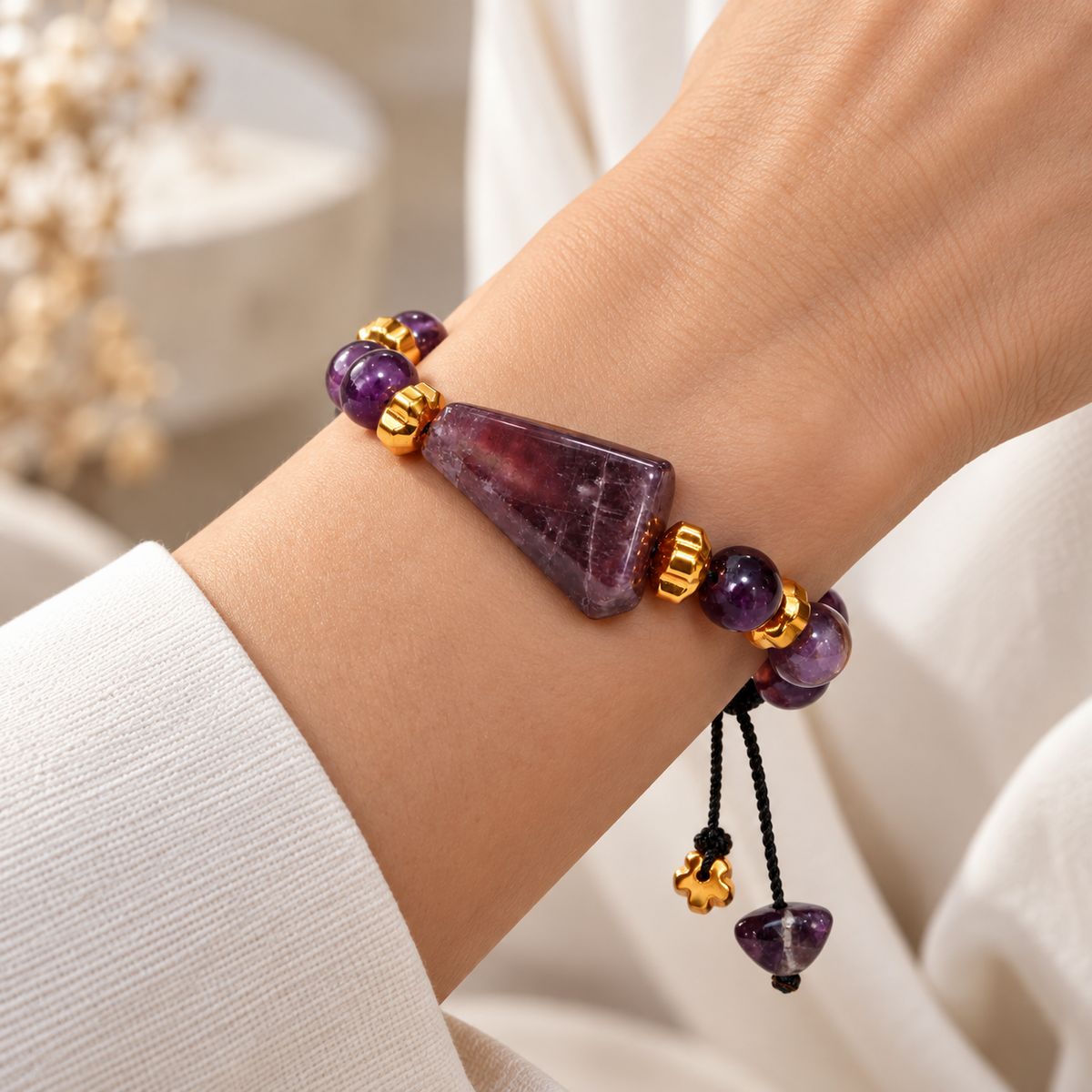7agat amethyst bracelet worn on wrist showing real scale and elegant styling.