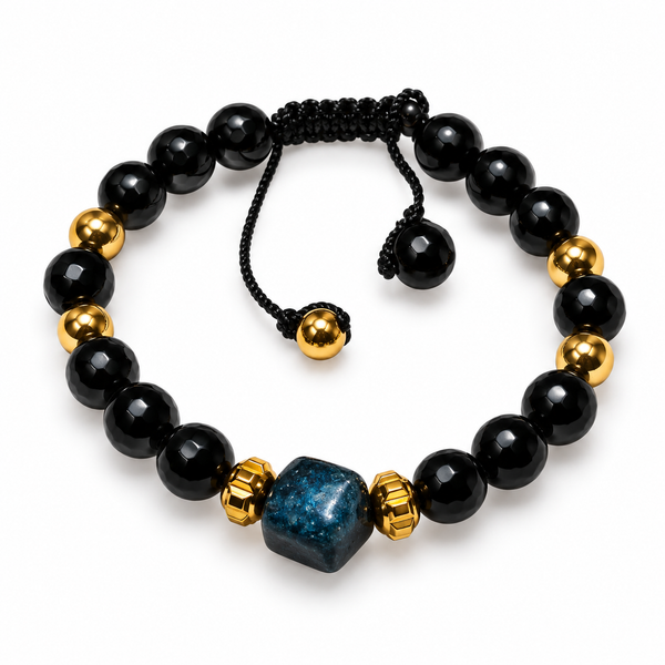 7agat faceted black Onyx bracelet with gold Hematite and blue-black Agate.