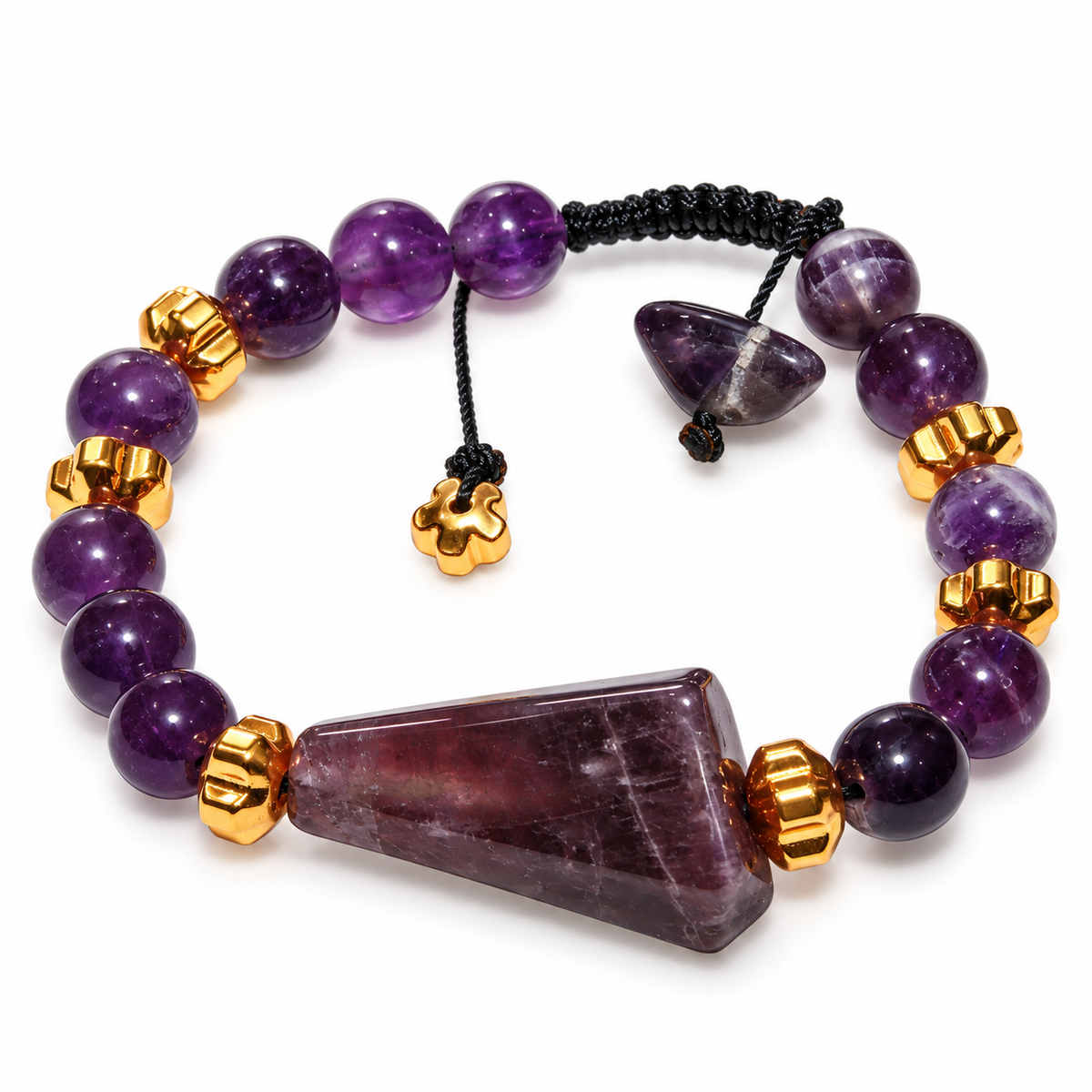 7agat amethyst beaded bracelet with gold-tone hematite and pyramid centerpiece.