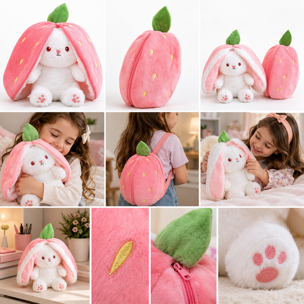 Pink and white 7AGAT 2-in-1 strawberry bunny plush toy with zippered strawberry cover, soft stuffed rabbit, 35 cm tall.