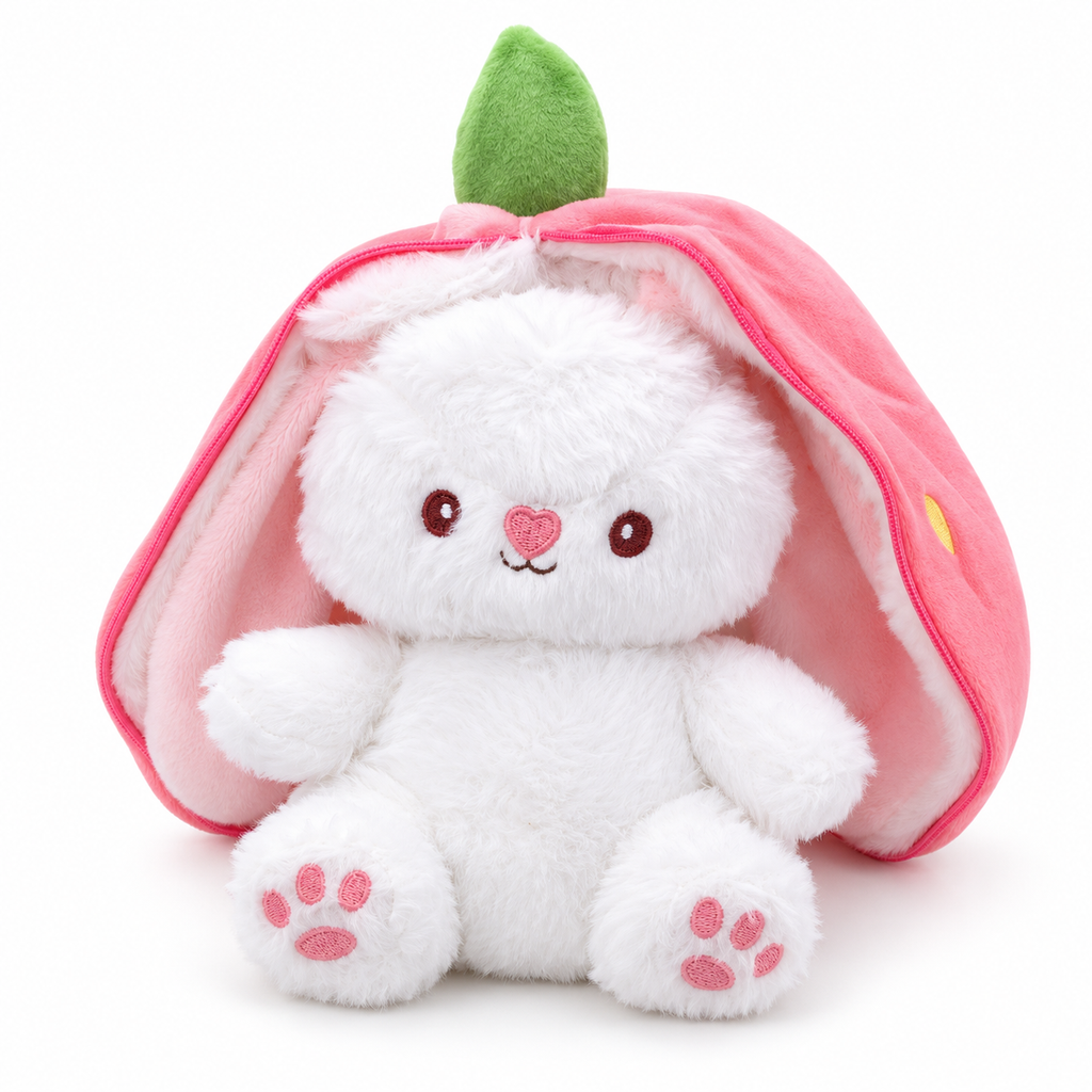 Pink and white 7AGAT strawberry bunny plush toy with zippered strawberry cover, soft stuffed rabbit, 35 cm tall.