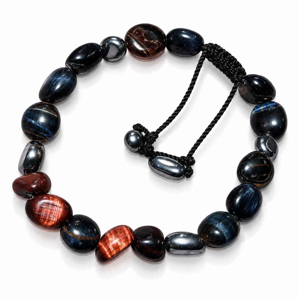 7agat Hawk's Eye and Brown Tiger Eye gemstone bracelet with silver-tone hematite spacers.