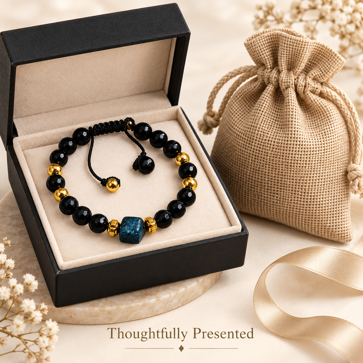 7agat faceted Onyx bracelet shown with jewelry box and burlap gift pouch.