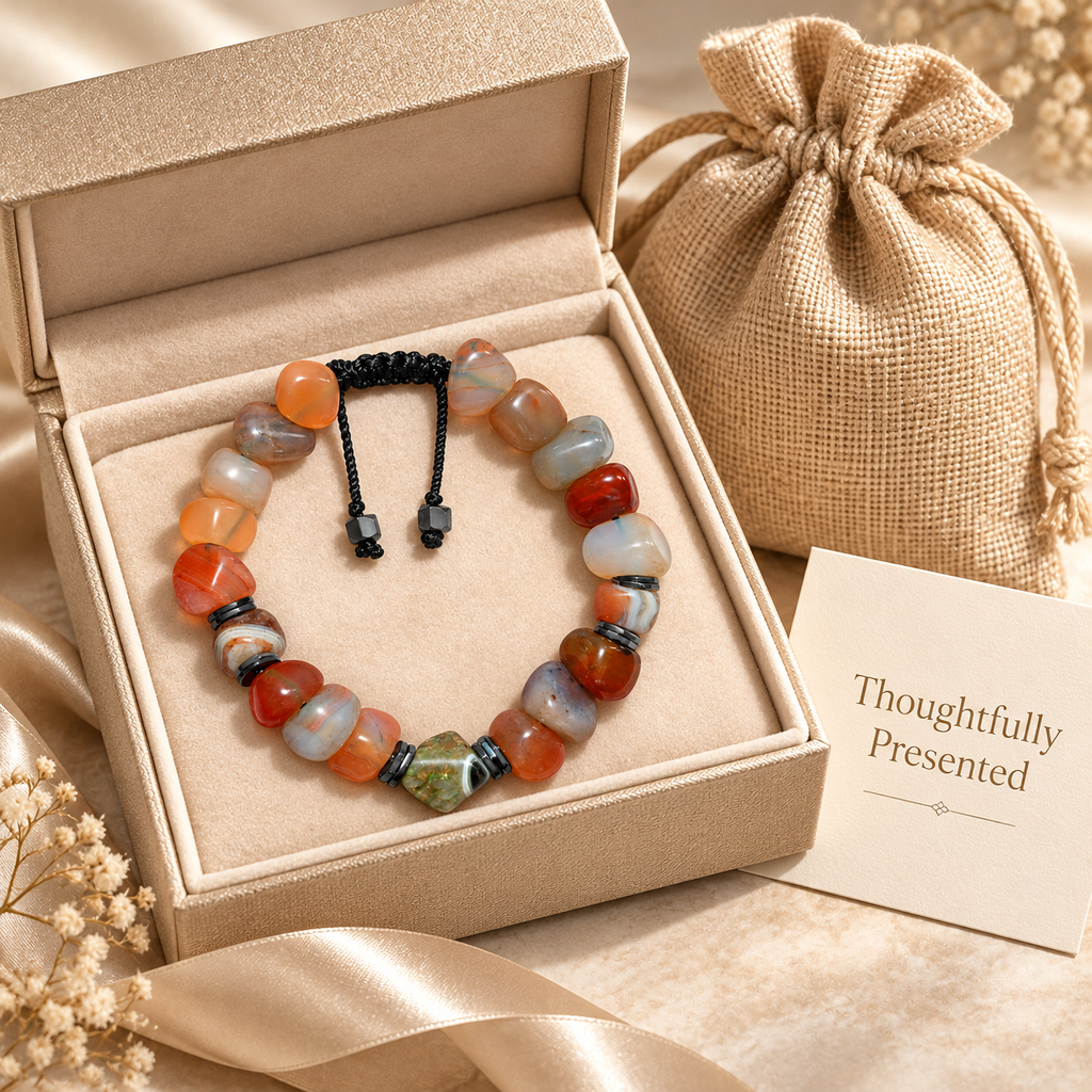 7agat mixed crackle agate bracelet with chain box and burlap pouch packaging.