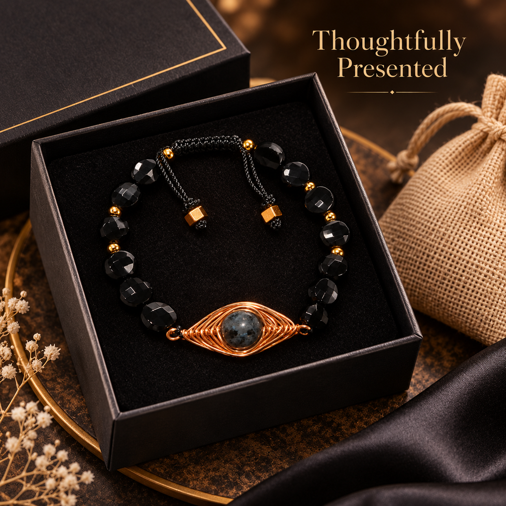 7agat Onyx bracelet with copper and Agate centerpiece presented with jewelry box and burlap pouch.