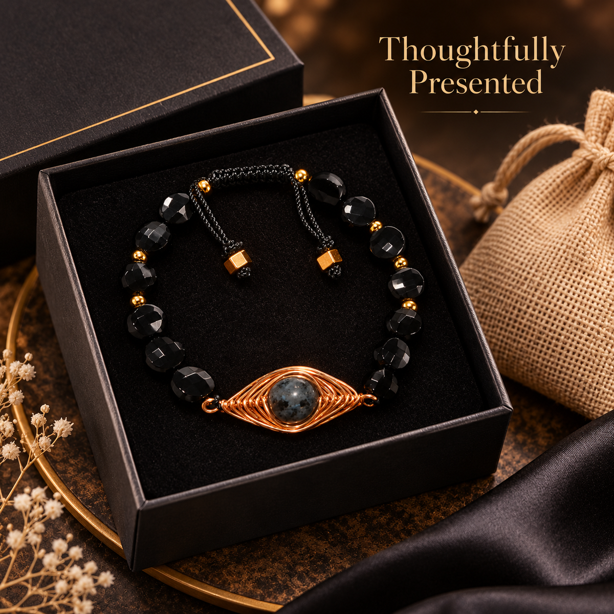 7agat Onyx bracelet with copper and Agate centerpiece presented with jewelry box and burlap pouch.