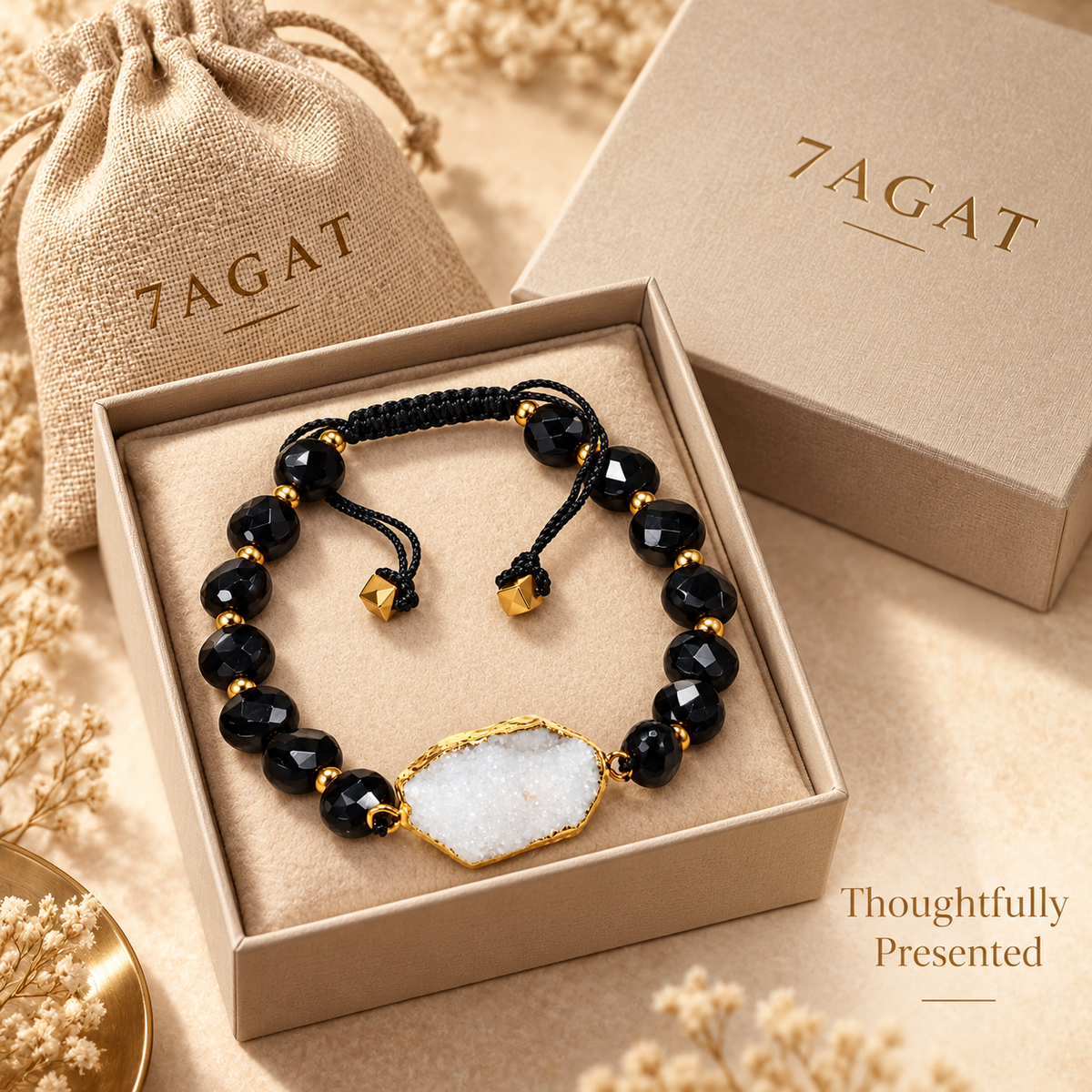 7agat faceted Onyx bracelet with white crystalline Agate centerpiece presented in jewelry box and burlap pouch.