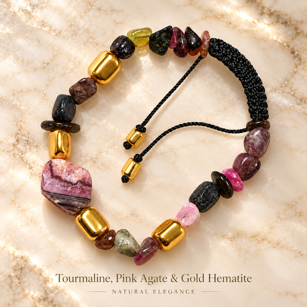 Tourmaline Chip Bracelet with Gold Hematite & Pink Hexagonal Agate ...