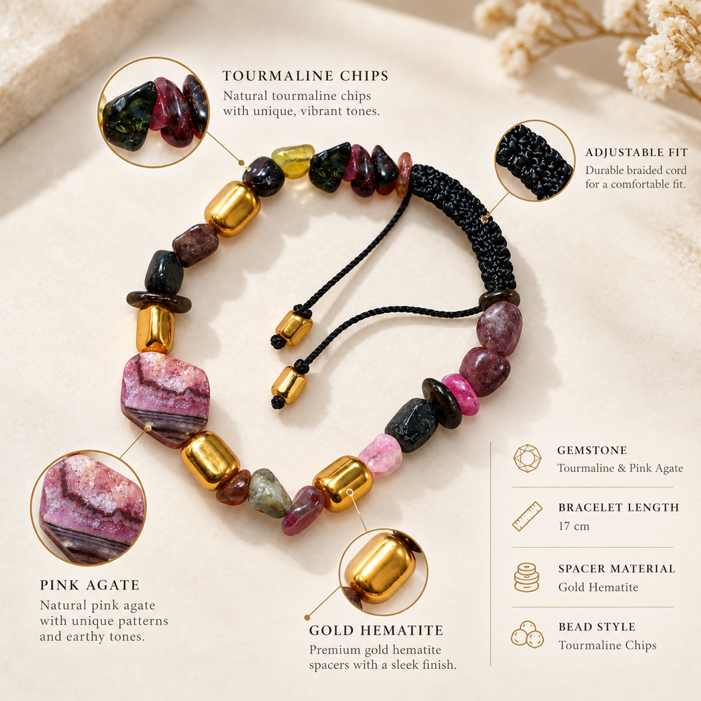 Tourmaline Chip Bracelet with Gold Hematite & Pink Hexagonal Agate ...