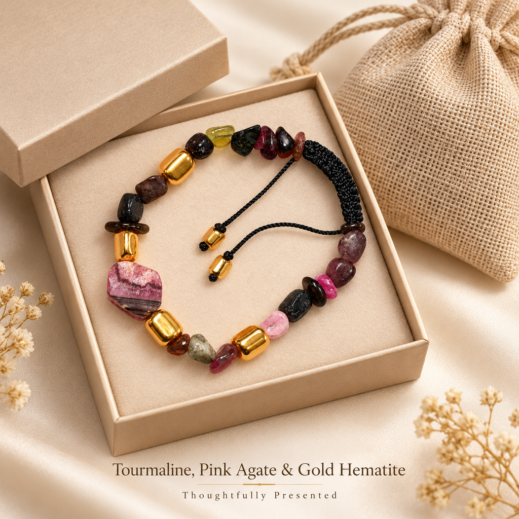 Tourmaline Chip Bracelet with Gold Hematite & Pink Hexagonal Agate ...