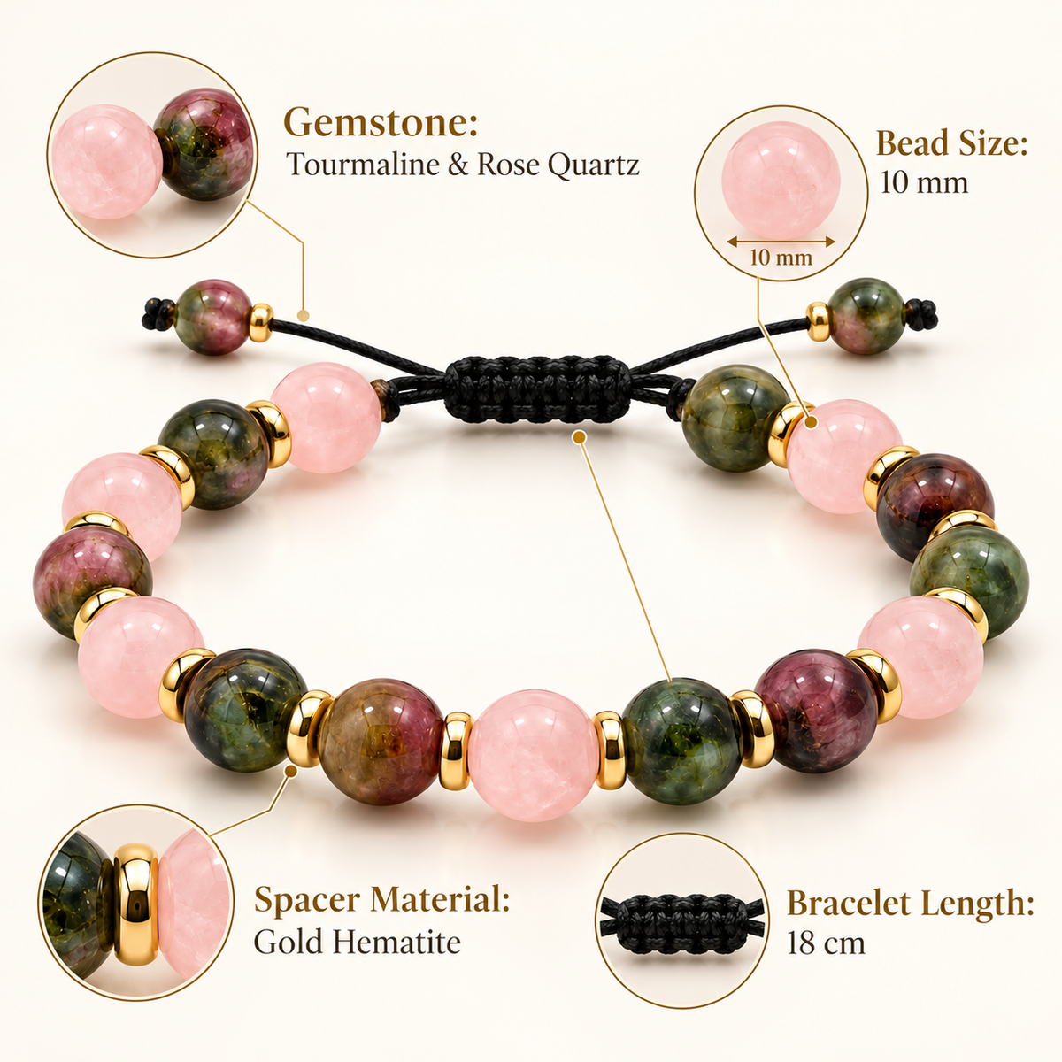 7agat Tourmaline Rose Quartz and gold Hematite bracelet showing 10mm beads and 18cm size.