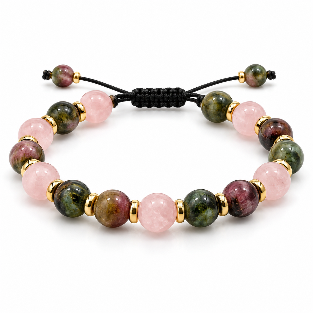 7agat Tourmaline and Rose Quartz 10mm bracelet with gold Hematite space.
