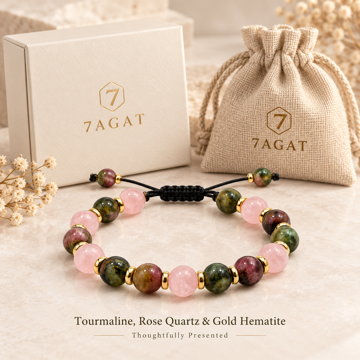 7agat Tourmaline and Rose Quartz gemstone bracelet with gold Hematite presented in a jewelry box and burlap pouch.