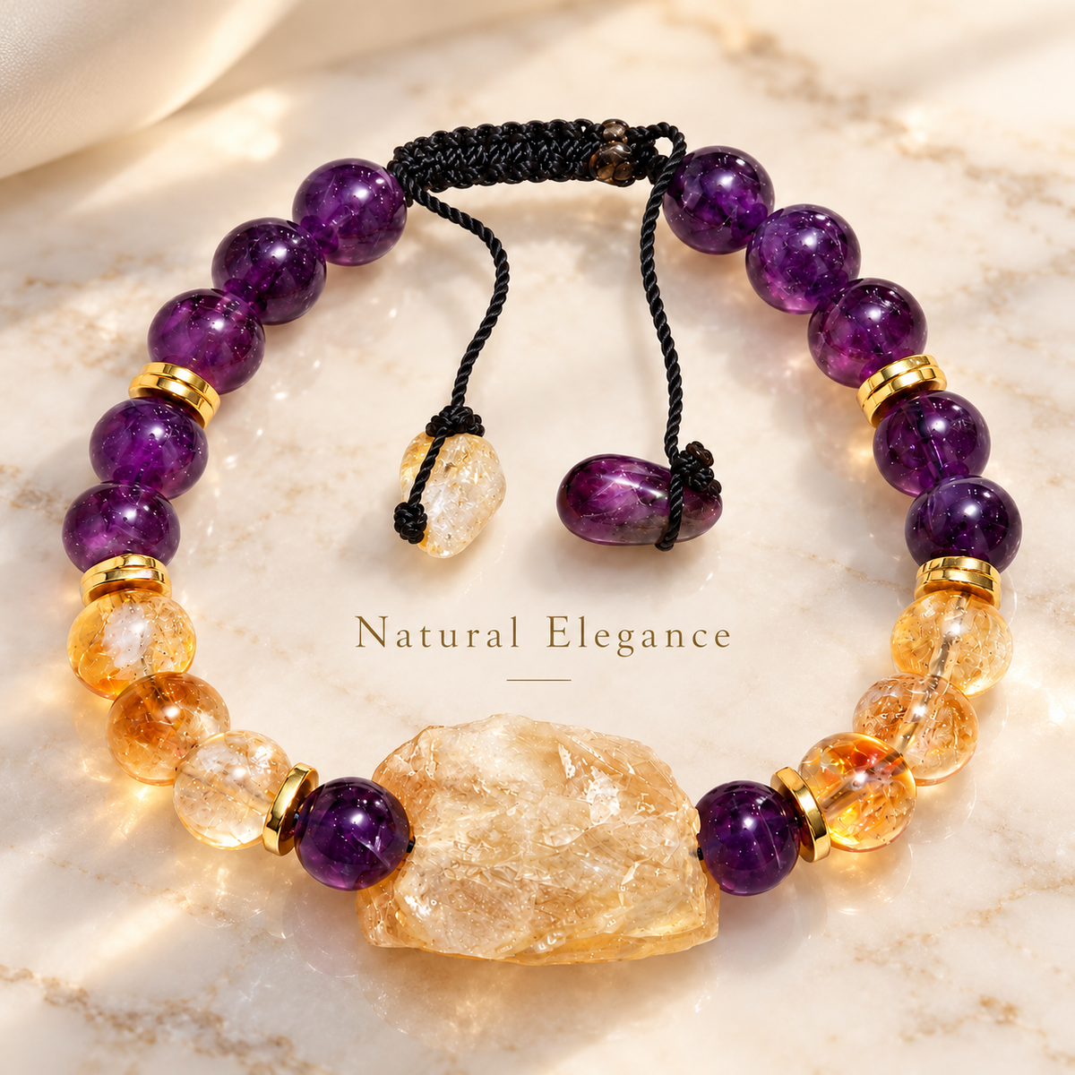 7agat purple amethyst and golden citrine gemstone bracelet arranged on an elegant ivory marble surface.