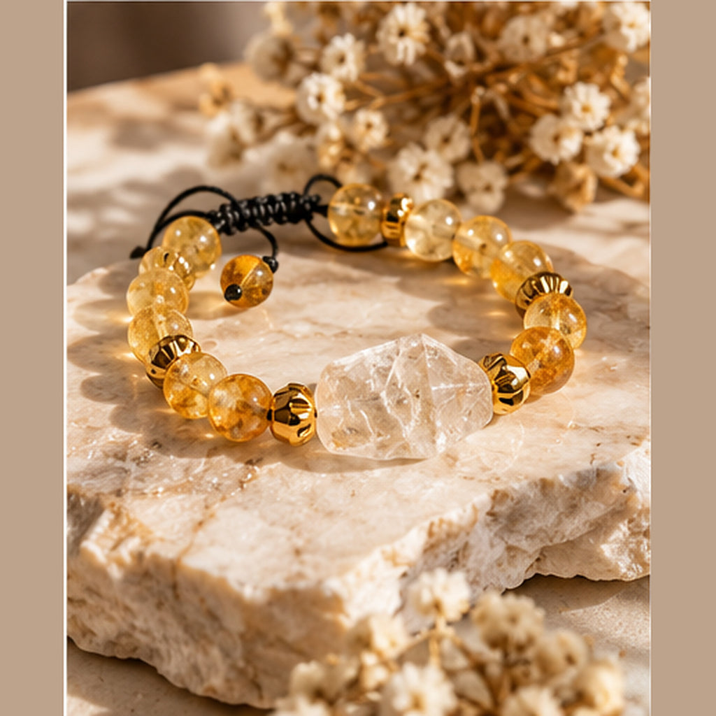 7agat citrine and clear quartz gemstone bracelet photographed in a warm neutral lifestyle setting