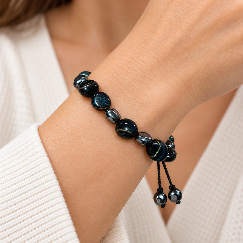 7agat illustrative women's wrist styling for a Hawk's Eye and silver-tone hematite unisex bracelet