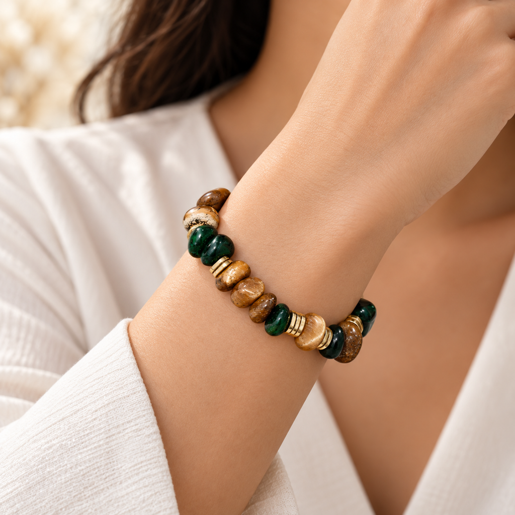 7agat illustrative women's wrist styling of a green and camel Tiger Eye gemstone bracelet.