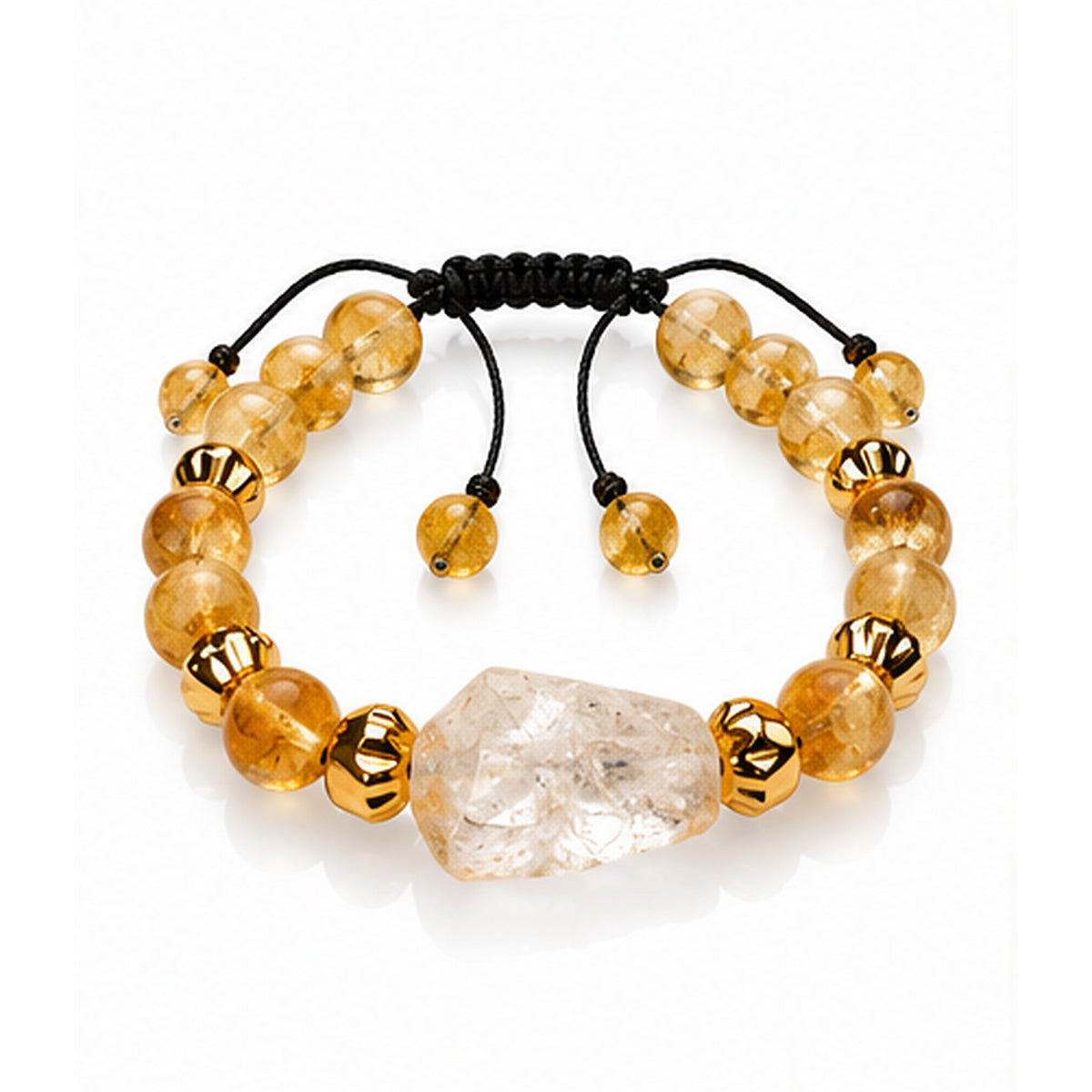 7agat citrine beaded bracelet with clear quartz centerpiece and gold-tone hematite spacers.
