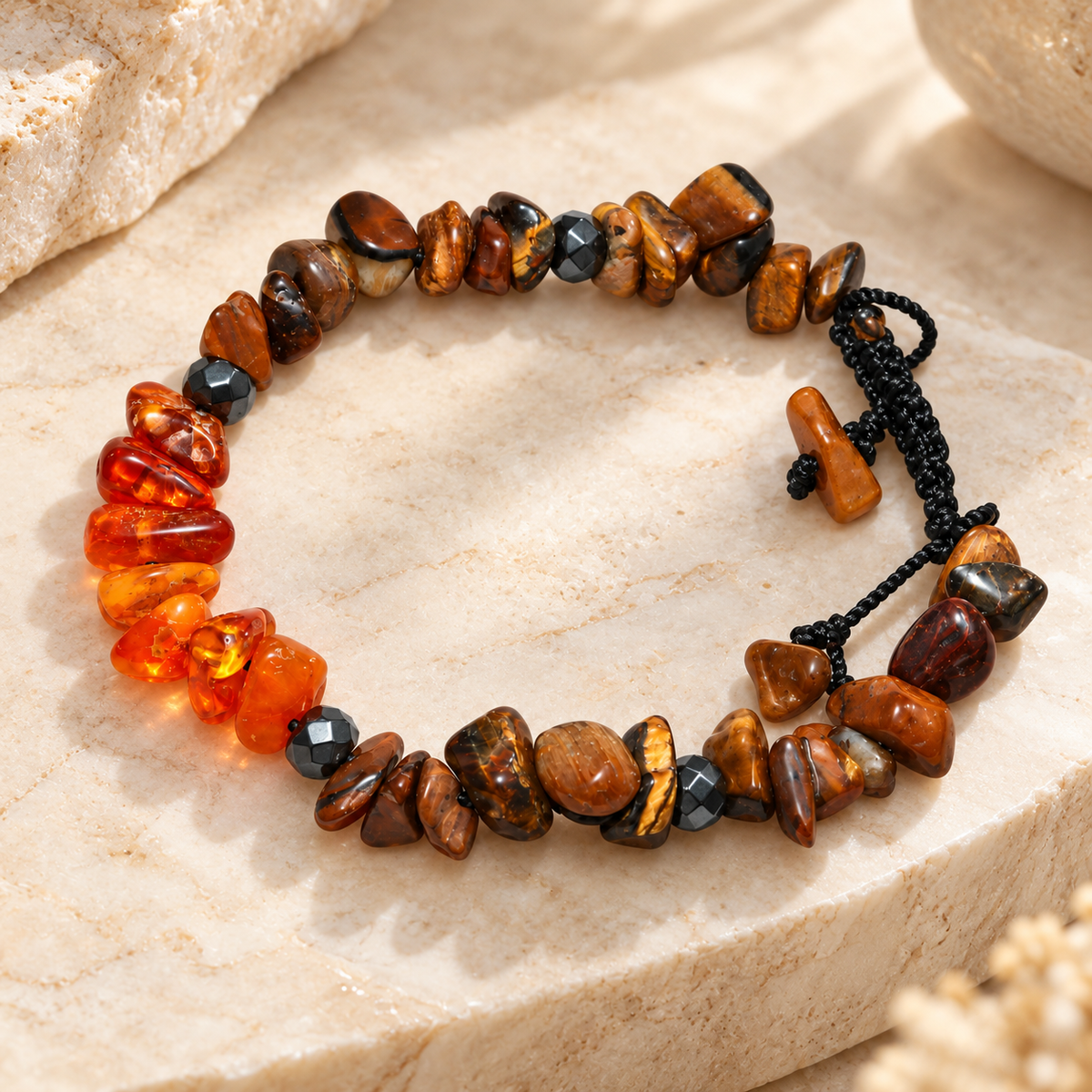 7agat Brown Tiger Eye and translucent amber-orange chip bracelet.