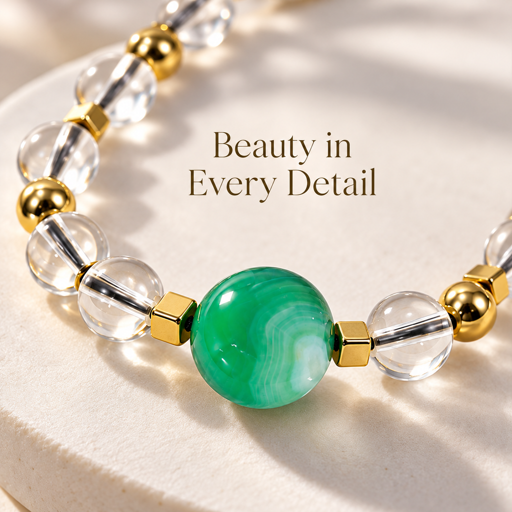 7agat macro detail of banded Green Agate transparent Water Glass beads and Gold Hematite spacers.