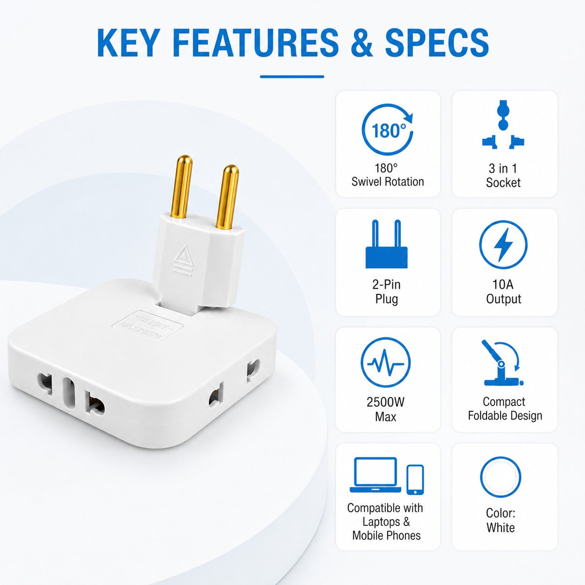 White 7AGAT 180-degree swivel socket converter, compact power adapter suitable for home, office, and travel electronics use.