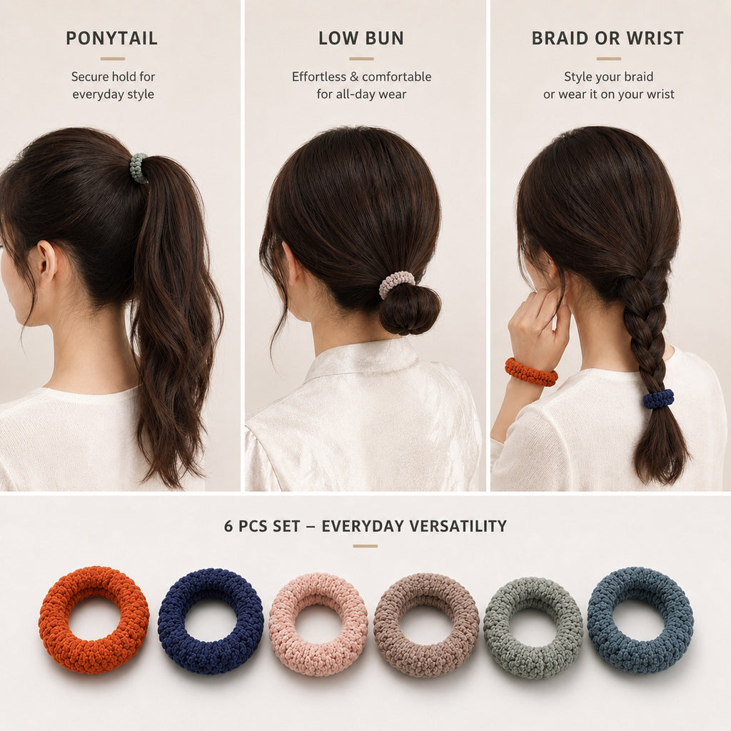 Set of six 7AGAT thick fabric ponytail holders with seamless elastic for buns and daily hair styling, no metal components.