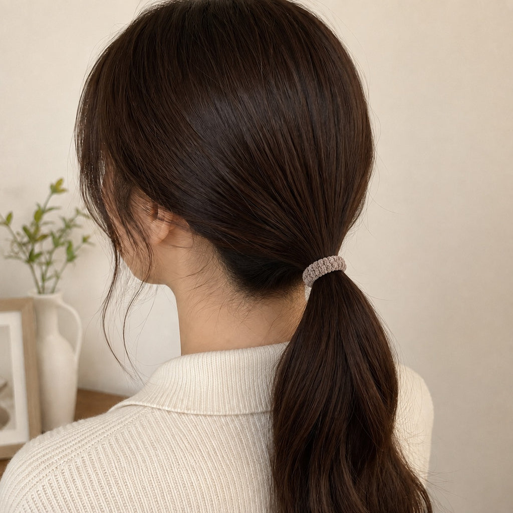 Six 7AGAT thick fabric ponytail holders, soft seamless elastic hair ties for buns and daily styling without metal.