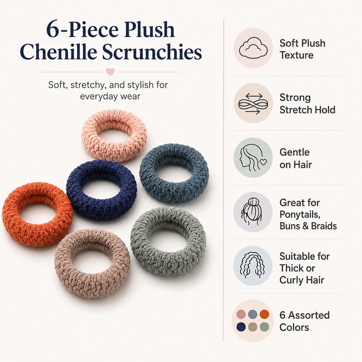 Set of 6 thick fabric ponytail holders by 7AGAT, soft seamless elastic hair ties for buns and daily hairstyling, no metal components.