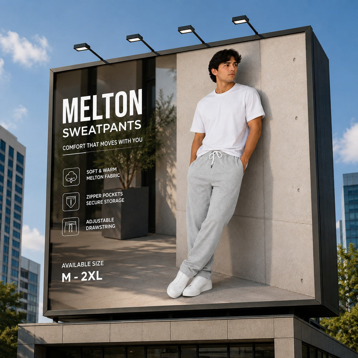 Unisex Melton wide leg sweatpants by 7AGAT with front seam detail, featuring a relaxed fit and soft fabric in a neutral color.