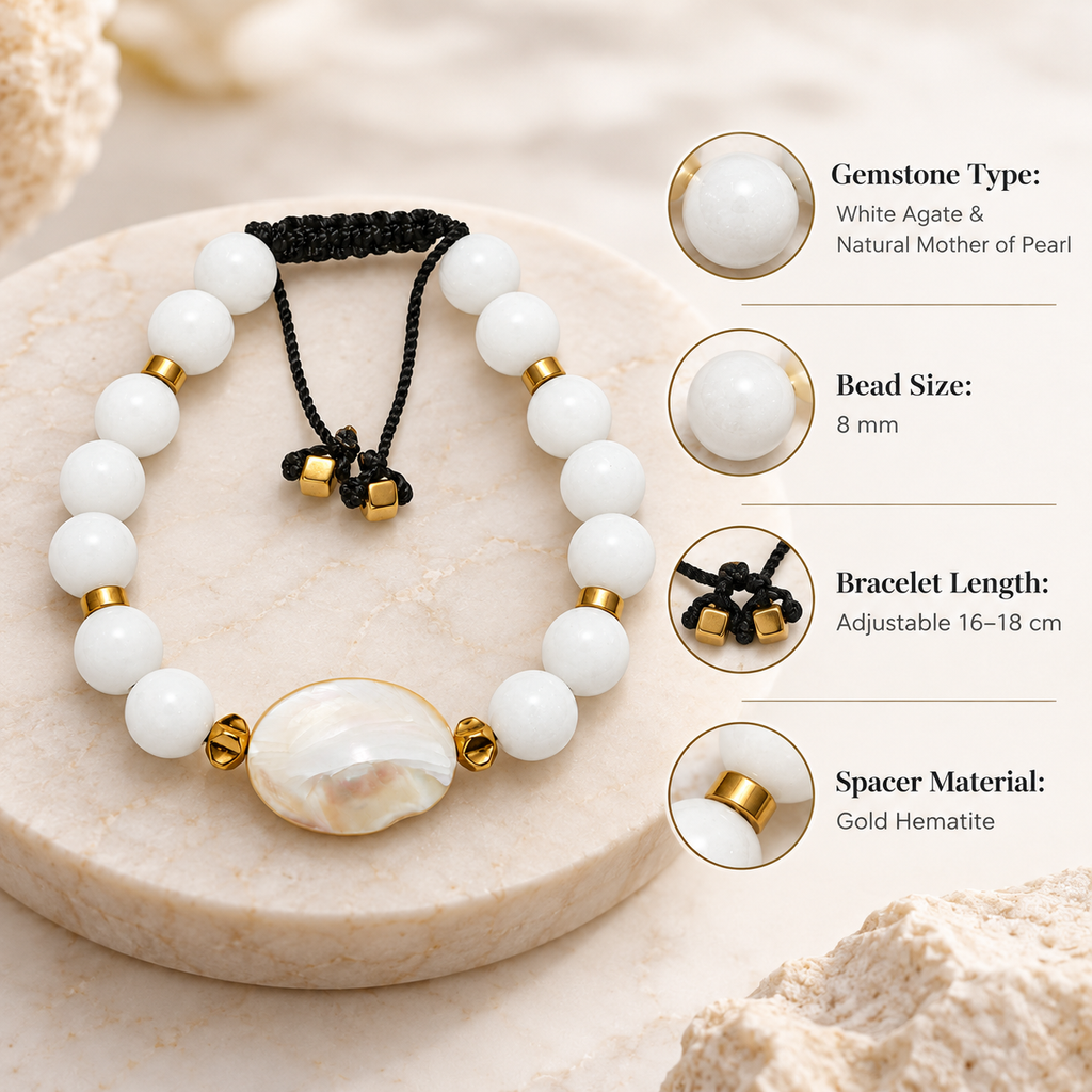 7agat White Agate 8mm bracelet showing Natural Shell centerpiece Gold Hematite and adjustable 16-18cm size.